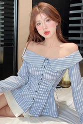 Slash Neck Off Shoulder Striped Slim Blouse Shirt