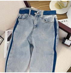 High Waist Loose Blue Lined Jeans Pants