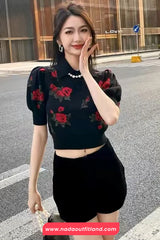 Short Sleeve Red Rose Pattern Knitted Shirt