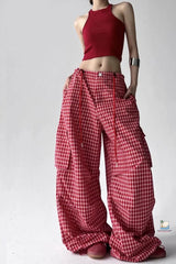 High Waist Retro Red Plaid Summer Loose Pants