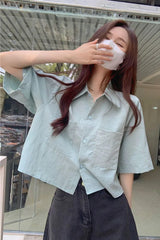 Short Sleeve Basic Colors Cropped Blouse Shirts