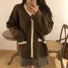 V-Neck Knitted College Cardigan Sweater