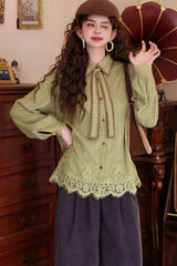 Long Sleeve Vintage Tie Patchwork Lace Blouse Shirt