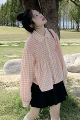 Vintage Plaid Pattern Peter Pan Collar Ruffle Blouse Shirt
