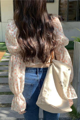 Hanging Neck Square Collar Floral Blouse Shirts