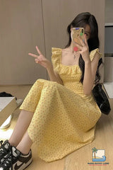 Square Collar Floral Pattern Ruffles Midi Dress