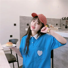 Cute Heart Pocket Embroidery Polo Shirt