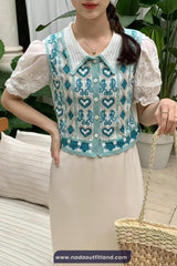 Short Sleeve Turn Down Collar Love Pattern Knitted Crochet Shirts