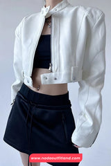Long Sleeve Sexy Cropped Leather Zipper Jacket