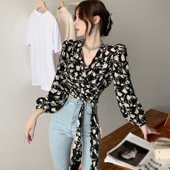 Long Sleeve V-Neck Chiffon Floral Shirt
