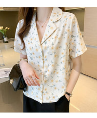 V-Neck Florals Pattern Short Sleeve Blouse Shirt