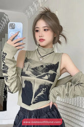 Long Sleeve Off Shoulder Printed Turtleneck Shirts