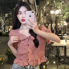 Short Sleeve Red Plaid Cute Bow Cropped Shirt