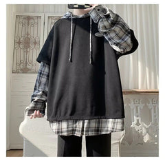 Loose Hooded Hip Hop Sleeve Plaid Hoodie