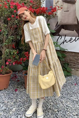 Square Collar Lovely Plaid Long Dress