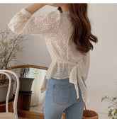 Long Sleeve Lace Up Hollow Out Blouse Shirt