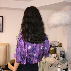 Retro Butterfly Printed Short Sleeve Purple Blouse Shirt
