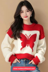 Long Sleeve Cute Butterfly O-Neck Knitted Sweater