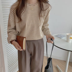 Long Sleeve Coffee Colors Striped Loose Shirt