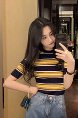Short Sleeve O-Neck Stripped Slim Shirt