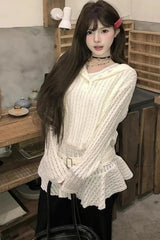 Belt Hooded Hollow Out Ruffled Sweatshirt