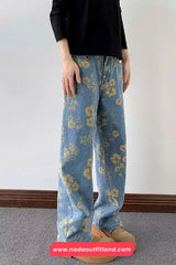 High Waist Retro Flowers Pattern Blues Denim Jeans Pants