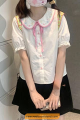 Short Sleeve Cute Doll Collar Pattern Bow Shirt
