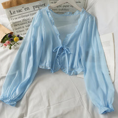 Long Sleeve Lace Bow Transparent Thin Blouse Shirt