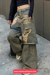High Waist Stitching Hole Ripped Washed Jeans Pants