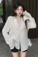 Long Sleeve Lace Patchwork Button Office Blouse Shirt