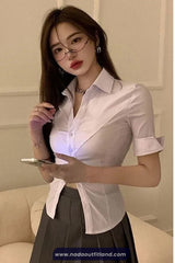 Short Sleeve Turn Down Collar Cropped Slim Blouse Shirt