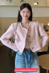 Long Sleeve Retro O-Neck Cropped Pink Tweed Jackets