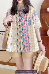 Short Sleeve Retro Cartoon Dog Pattern Blouse Shirt