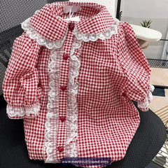 Short Sleeve Cute Sweet Plaid Lace Blouse Shirt
