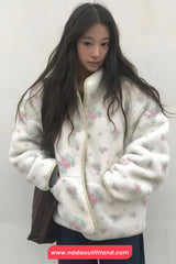 Long Sleeve Floral Pattern Fluffy Coat Jacket