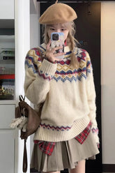 Loose Neck Argyle Pattern Knitted Sweater