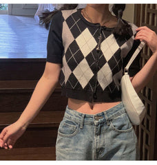 Retro Argyle Pattern Knitted Cropped Sweater