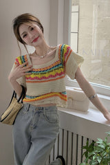 Cute Stripe Colors Knitted Slim Shirt