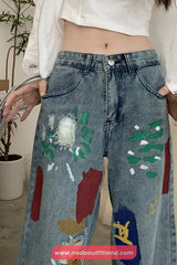 Loose Ripped Style Graffiti Colors Jeans Pants