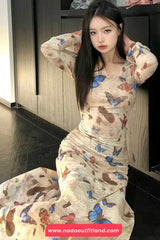 Long Sleeve Butterfly Pattern Sexy Slim Dress