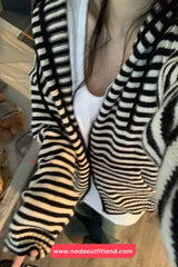 Long Sleeve Black White Striped Knitted Hooded Cardigan Sweater