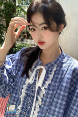 Long Sleeve Bow Lace Up Ruffled Blue Plaid Blouse Shirt