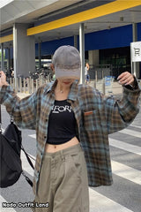 Long Sleeve Vintage Plaid Loose Blouse Shirts