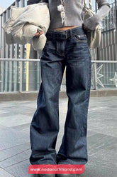 High Waist Belted Retro Blue Jeans Pants