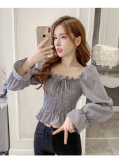 Long Sleeve Plaid Sexy Square Collar Bow Crop Tops