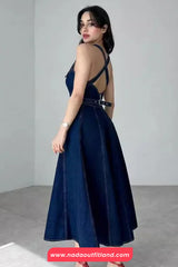 Sexy Open Back Strappy Long Denim Dress