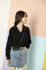 Long Sleeve Simple Notched Blouse Shirts