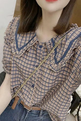 Puff Sleeve Peter Pan Collar Design Plaid Shirt