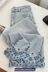High Waist Daisy Hollow Embroidered Jeans Pants