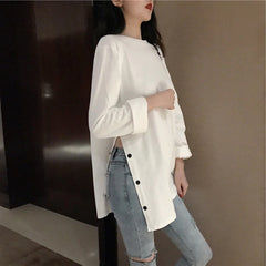 Split Side Button Loose Solid Shirt